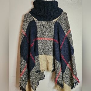 Cozy Plaid Poncho Cape Turtleneck One Size Fringe